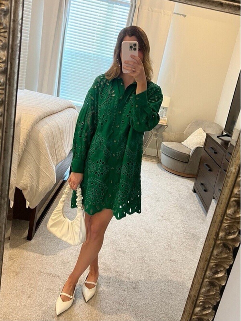 Anthropologie Long Sleeve Cutout Eyelet Green Shirt Dress Size X-Small